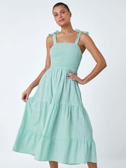 Roman Green 100% Cotton Shirred Tie Detail Tiered Midi Dress - Image 2 of 5