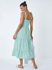 Roman Green 100% Cotton Shirred Tie Detail Tiered Midi Dress - Image 3 of 5