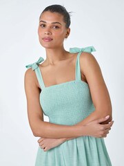 Roman Green 100% Cotton Shirred Tie Detail Tiered Midi Dress - Image 4 of 5