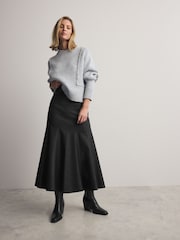 Black Faux Leather A-line Fluted Midi Skirt - Image 1 of 7