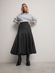 Black Faux Leather A-line Fluted Midi Skirt - Image 2 of 7