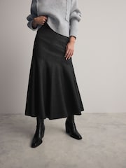 Black Faux Leather A-line Fluted Midi Skirt - Image 3 of 7