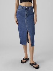 VERO MODA Mid Blue Denim Midi Skirt With Front Split - Image 1 of 5