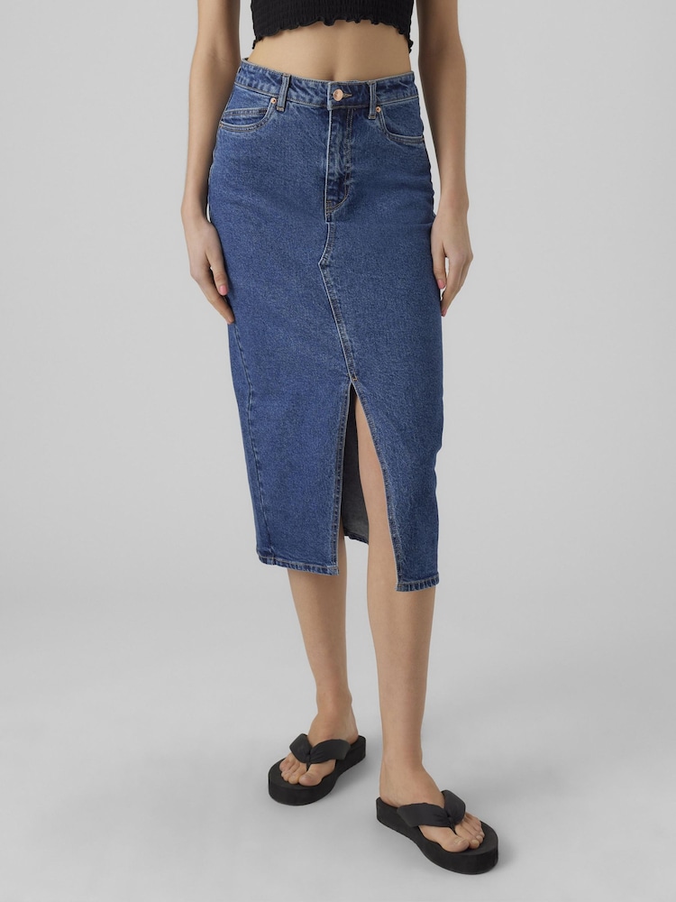VERO MODA Mid Blue Denim Midi Skirt With Front Split - Image 1 of 5