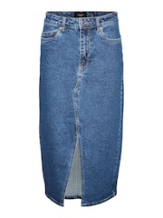 VERO MODA Mid Blue Denim Midi Skirt With Front Split - Image 4 of 5