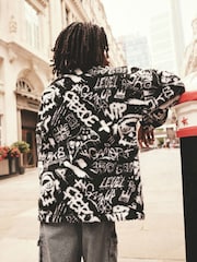 Black/White Printed Zip Through Borg Fleece (3-16yrs) - Image 2 of 6