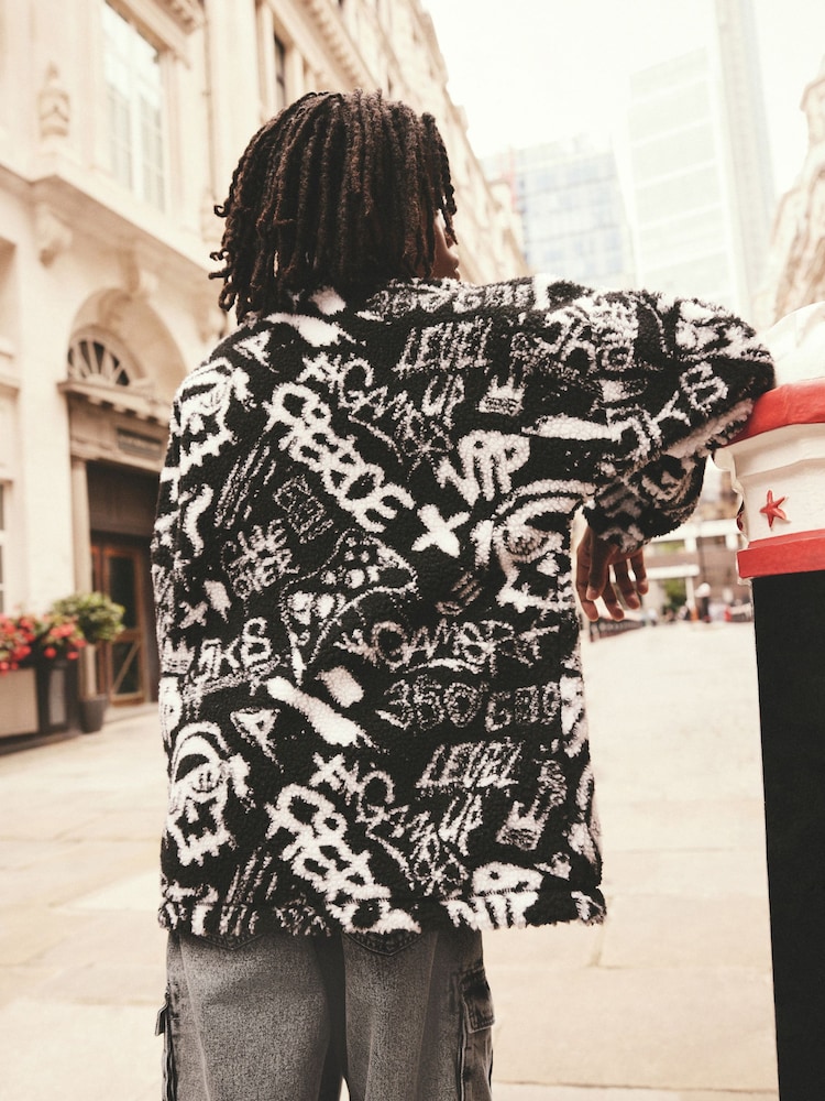Black/White Printed Zip Through Borg Fleece (3-16yrs) - Image 2 of 6