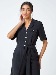Roman Black Textured Tie Waist Playsuit - Image 1 of 5