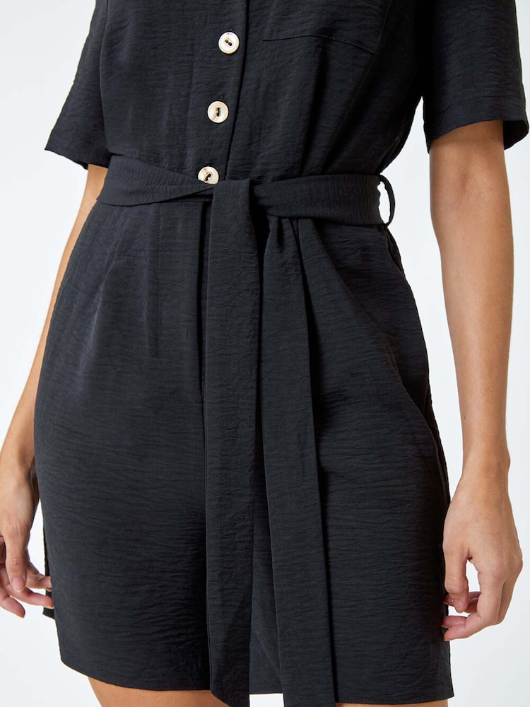Roman Black Textured Tie Waist Playsuit - Image 5 of 5