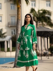 Yumi Green Viscose Midi Dress With Long Sleeves - Image 1 of 9