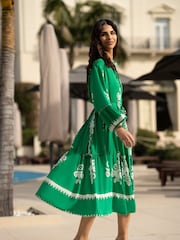 Yumi Green Viscose Midi Dress With Long Sleeves - Image 2 of 9