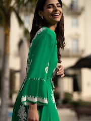 Yumi Green Viscose Midi Dress With Long Sleeves - Image 3 of 9