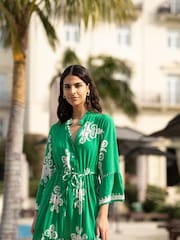 Yumi Green Viscose Midi Dress With Long Sleeves - Image 4 of 9