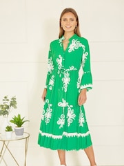 Yumi Green Viscose Midi Dress With Long Sleeves - Image 5 of 9