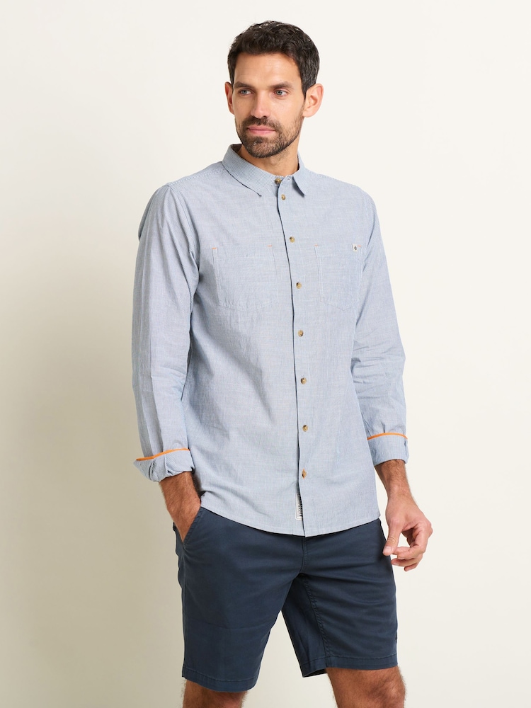 Brakeburn Blue 100% Cotton Stripe Long Sleeve Shirt - Image 1 of 5