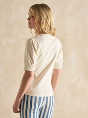Joules Tabitha Cream Ribbed V-Neck Top With Puff Sleeves - Image 2 of 6