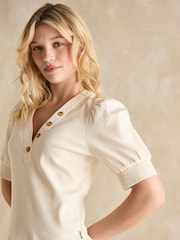 Joules Tabitha Cream Ribbed V-Neck Top With Puff Sleeves - Image 4 of 6
