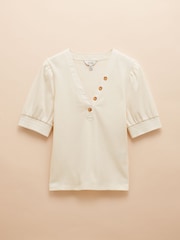 Joules Tabitha Cream Ribbed V-Neck Top With Puff Sleeves - Image 6 of 6