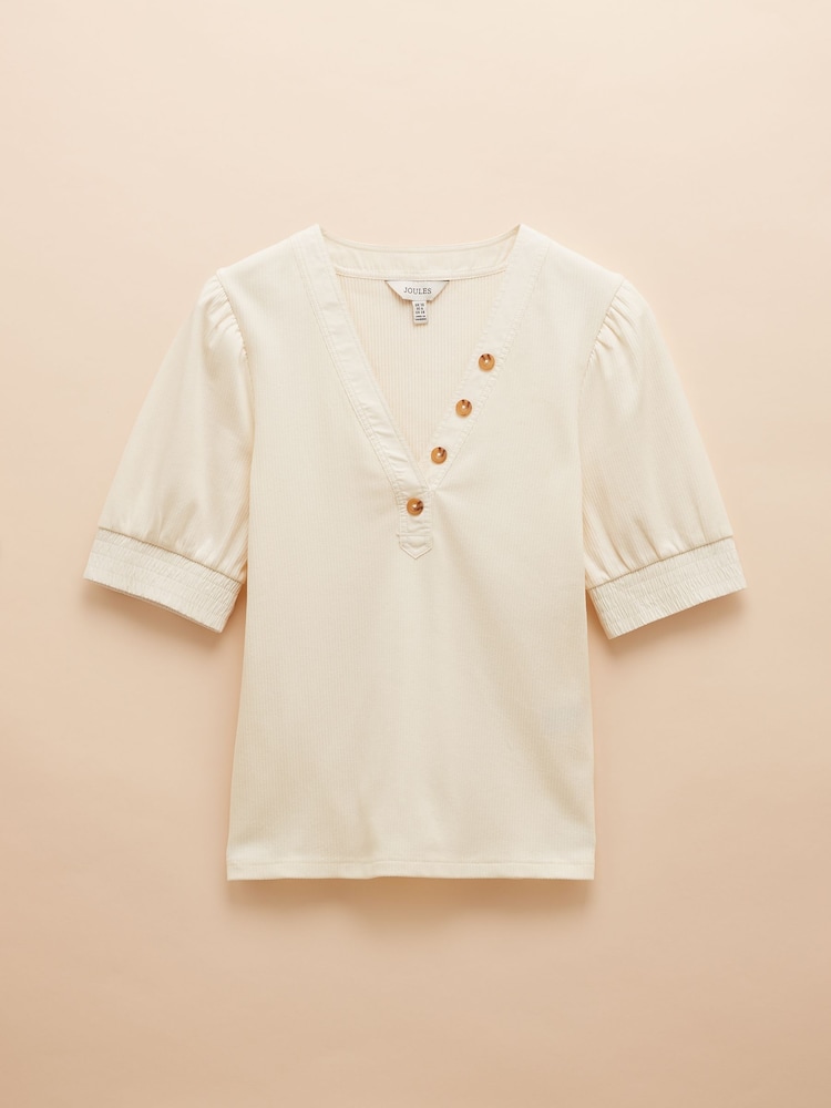 Joules Tabitha Cream Ribbed V-Neck Top With Puff Sleeves - Image 6 of 6