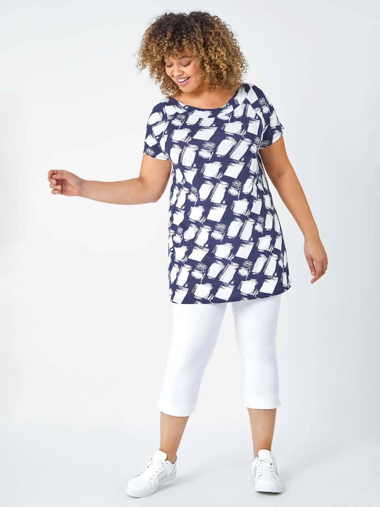 Roman Blue Geometric Print Stretch Bardot Top - Image 1 of 2 Roman Blue Geometric Print Stretch Bardot Top - Image 1 of 2