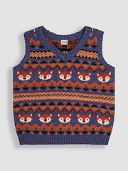 JoJo Maman Bébé Denim Blue Fox Knit FairIsle Pattern Tank Top - Image 1 of 3