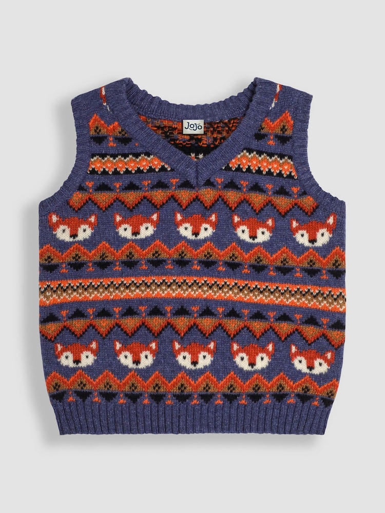 JoJo Maman Bébé Denim Blue Fox Knit FairIsle Pattern Tank Top - Image 1 of 3