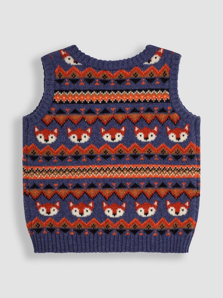 JoJo Maman Bébé Denim Blue Fox Knit FairIsle Pattern Tank Top - Image 2 of 3