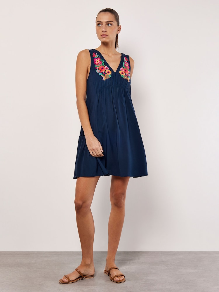 Apricot Blue Embroidered Blooms Swing Mini Dress - Image 1 of 4