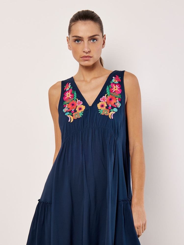 Apricot Blue Embroidered Blooms Swing Mini Dress - Image 2 of 4