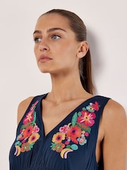Apricot Blue Embroidered Blooms Swing Mini Dress - Image 3 of 4
