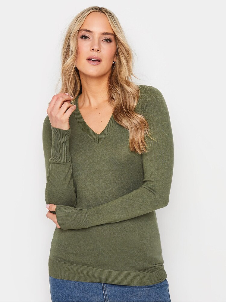 Long Tall Sally Green V-Neck Lightweight Jumper - Image 1 of 5 Long Tall Sally Green V-Neck Lightweight Jumper - Image 1 of 5
