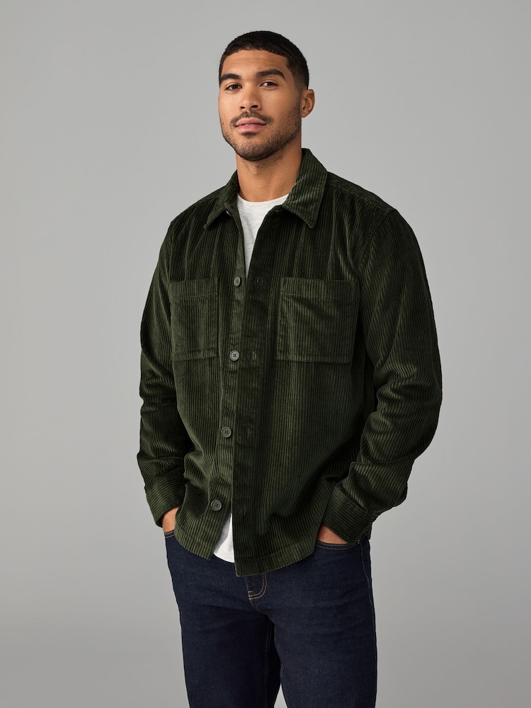 Green Corduroy Twin Pocket 100% Cotton Shacket Overshirt - Image 1 of 8