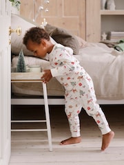 JoJo Maman Bébé Cream Christmas Print Jersey Pyjamas - Image 1 of 6