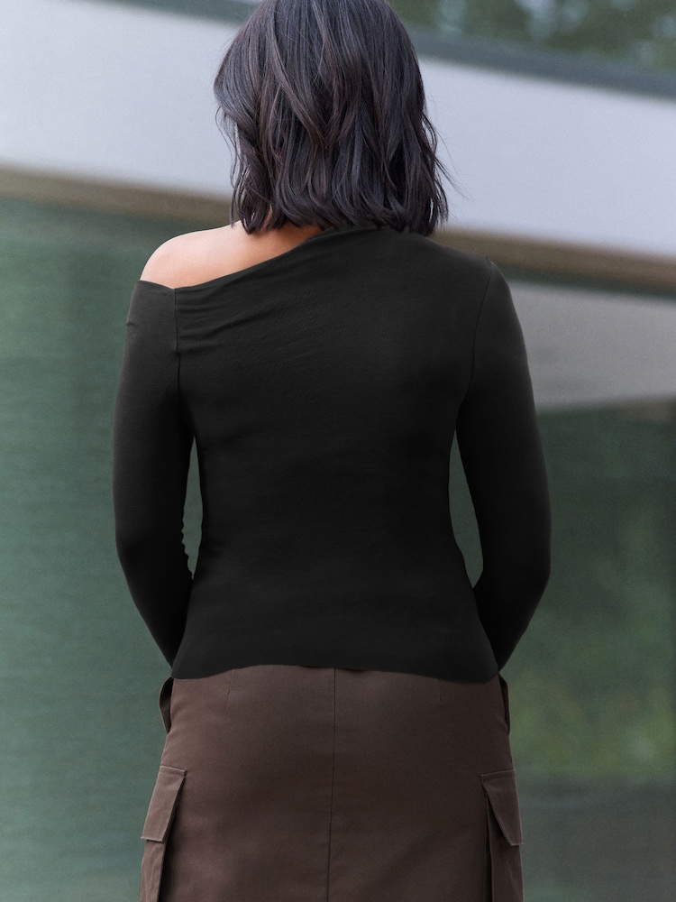 Black Long Sleeve Asymmetric Gathered Top - Image 2 of 5