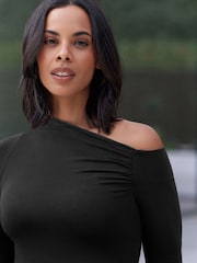 Black Long Sleeve Asymmetric Gathered Top - Image 3 of 5