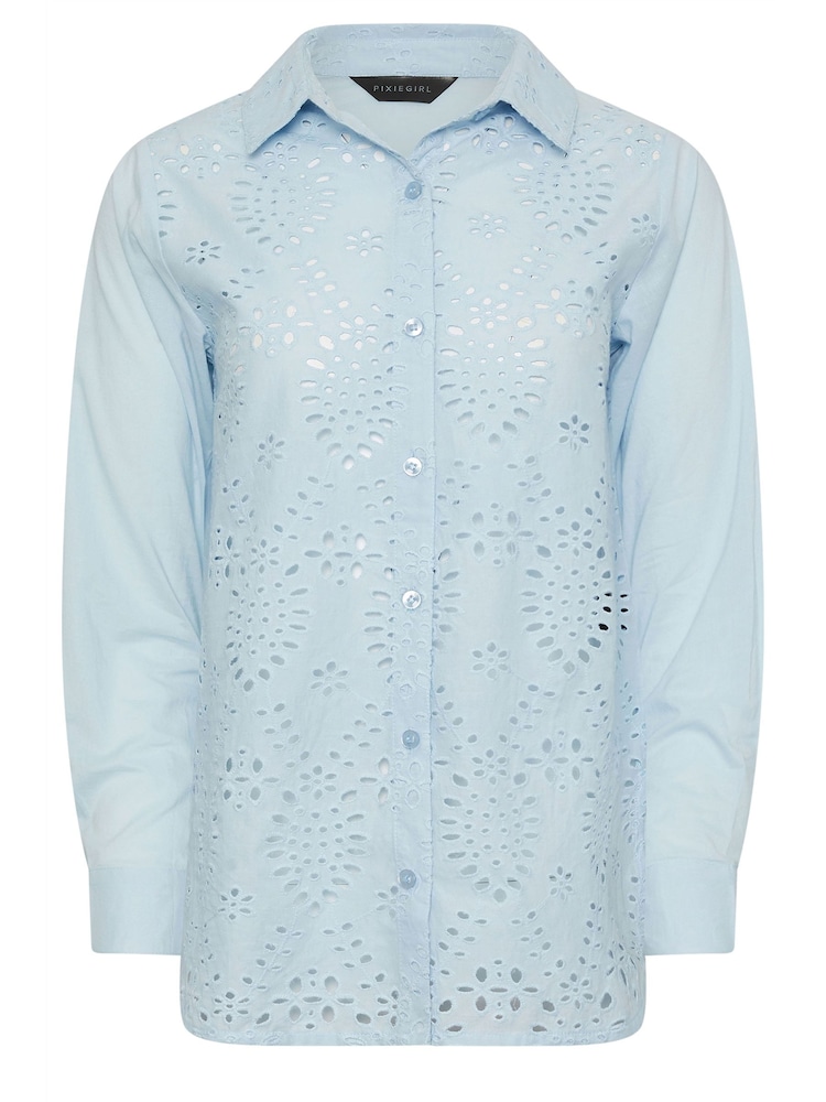 PixieGirl Petite Blue 100% Cotton Broderie Front Shirt - Image 5 of 5