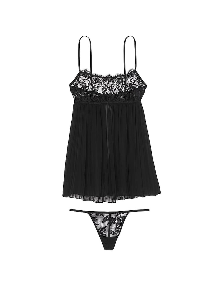 Svart - Victoria's Secret Babydoll-sett med blondetopp og plissertopp - Bilde 3 av 3