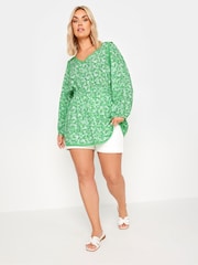 Yours Curve Green Trim Smock Top - Image 2 of 5
