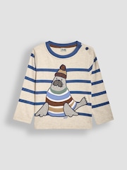 JoJo Maman Bébé Natural Walrus Long Sleeve Button Shoulder Striped Appliqué Top - Image 1 of 3