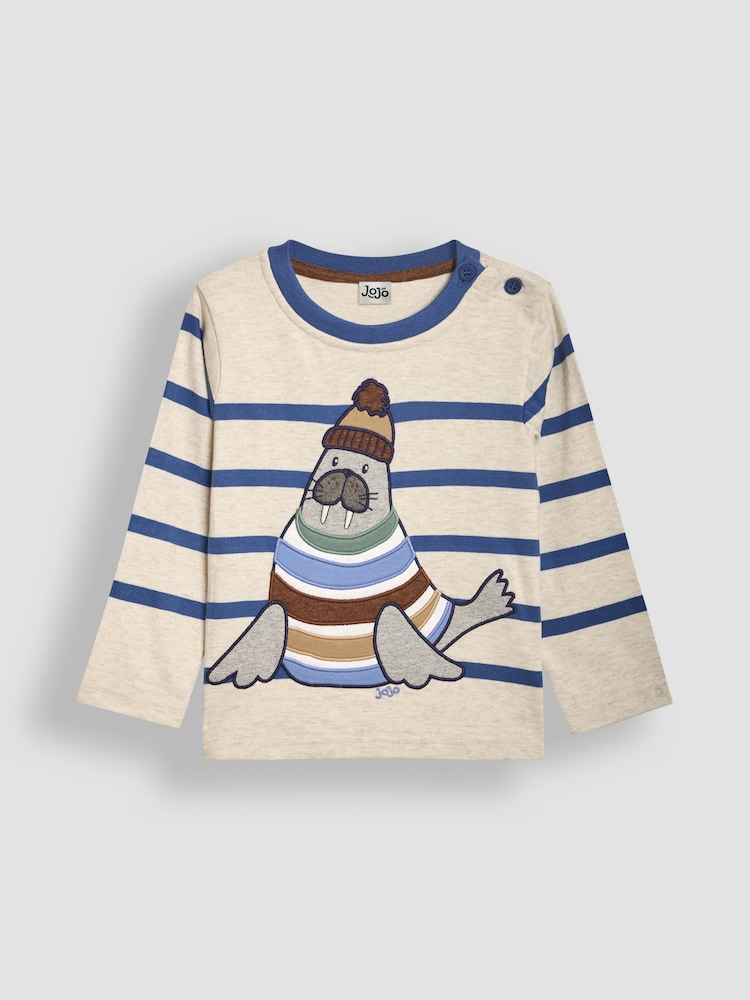 JoJo Maman Bébé Natural Walrus Long Sleeve Button Shoulder Striped Appliqué Top - Image 1 of 3