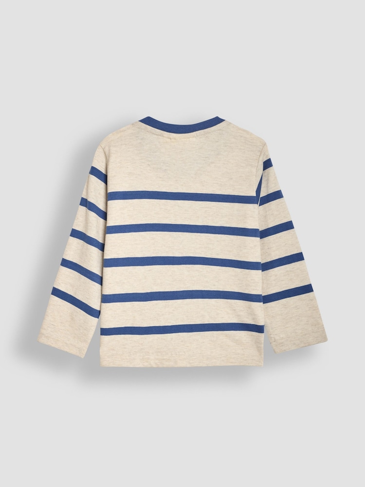 JoJo Maman Bébé Natural Walrus Long Sleeve Button Shoulder Striped Appliqué Top - Image 2 of 3