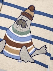 JoJo Maman Bébé Natural Walrus Long Sleeve Button Shoulder Striped Appliqué Top - Image 3 of 3