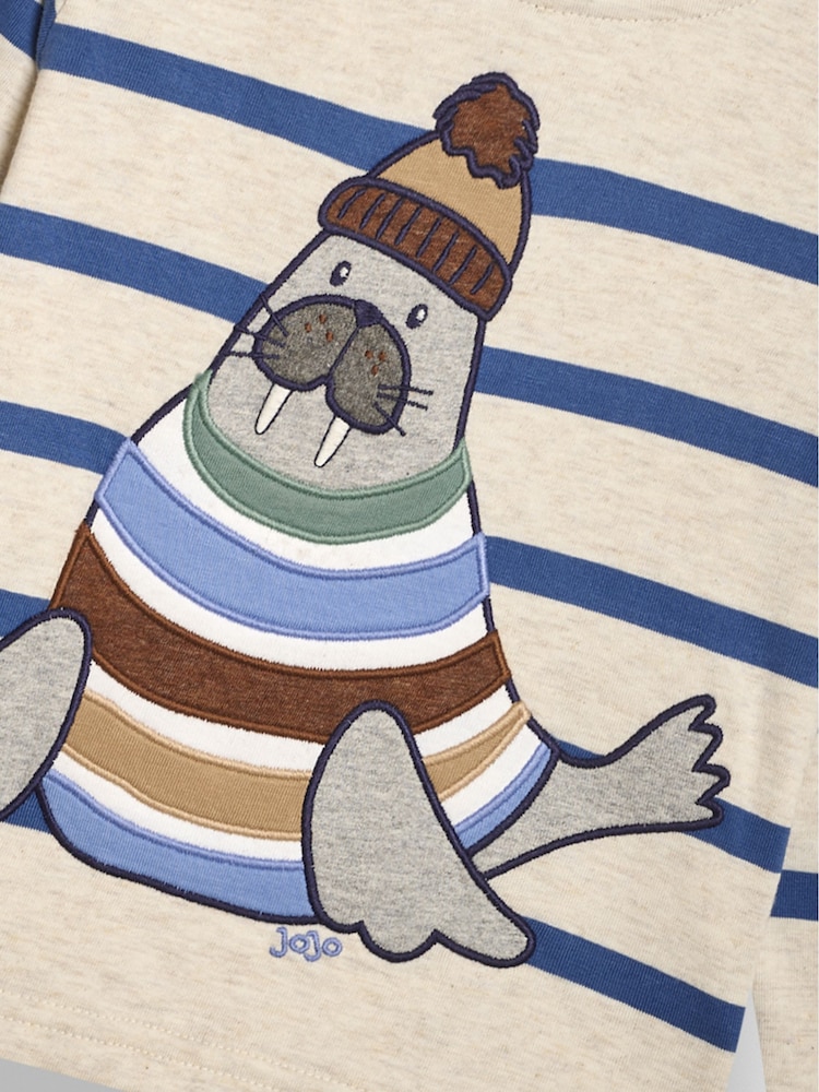 JoJo Maman Bébé Natural Walrus Long Sleeve Button Shoulder Striped Appliqué Top - Image 3 of 3