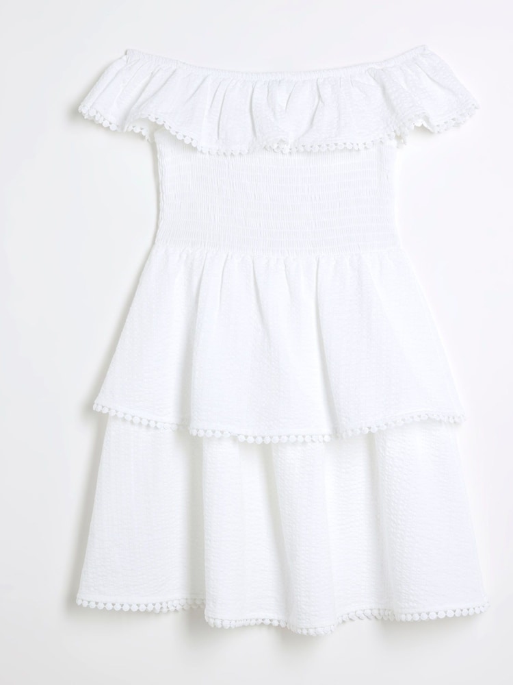 River Island White Girls 100% Cotton Bardot Rara Dress - Image 1 of 4