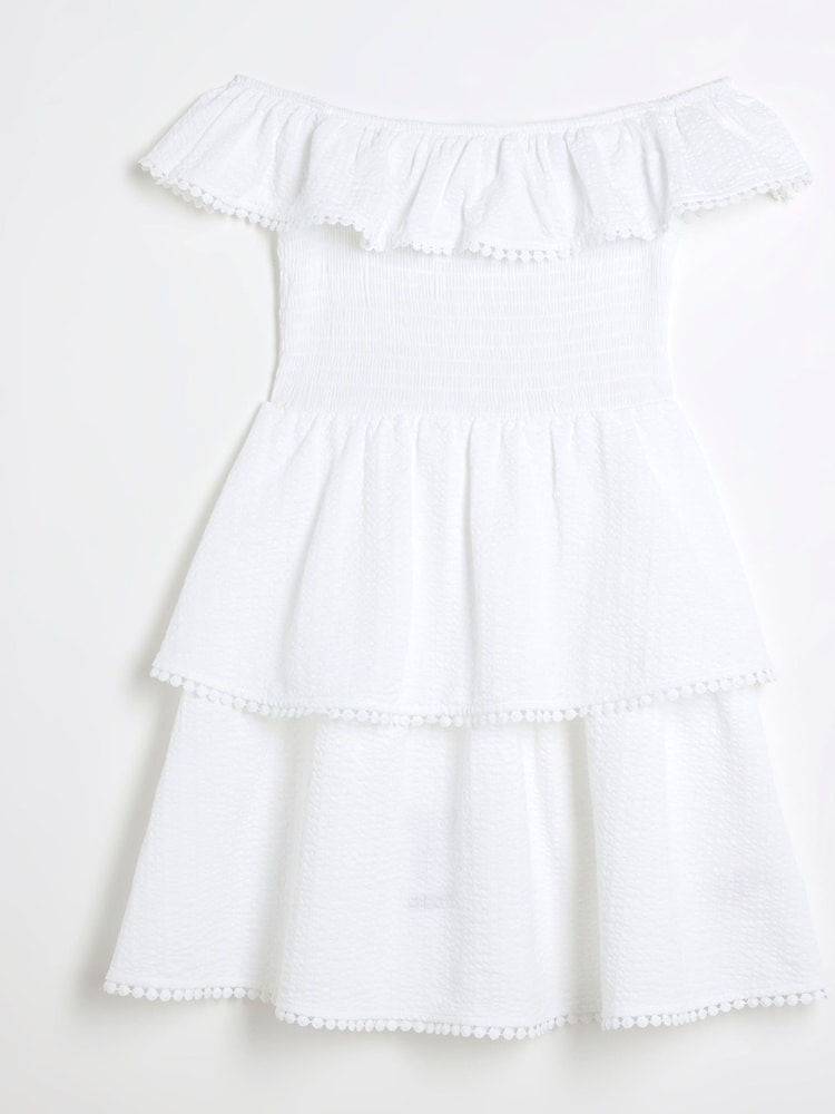 River Island White Girls 100% Cotton Bardot Rara Dress - Image 2 of 4