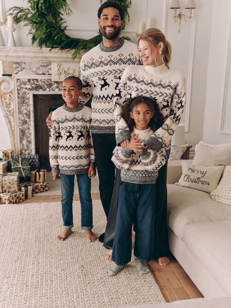 Schwarz/Weiß - Weihnachtlicher Pullover für Damen mit Hirschmotiv und Norwegermuster (Familienkollektion) - Bild 2 von 7