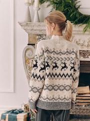Schwarz/Weiß - Weihnachtlicher Pullover für Damen mit Hirschmotiv und Norwegermuster (Familienkollektion) - Bild 4 von 7
