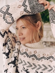 Schwarz/Weiß - Weihnachtlicher Pullover für Damen mit Hirschmotiv und Norwegermuster (Familienkollektion) - Bild 5 von 7