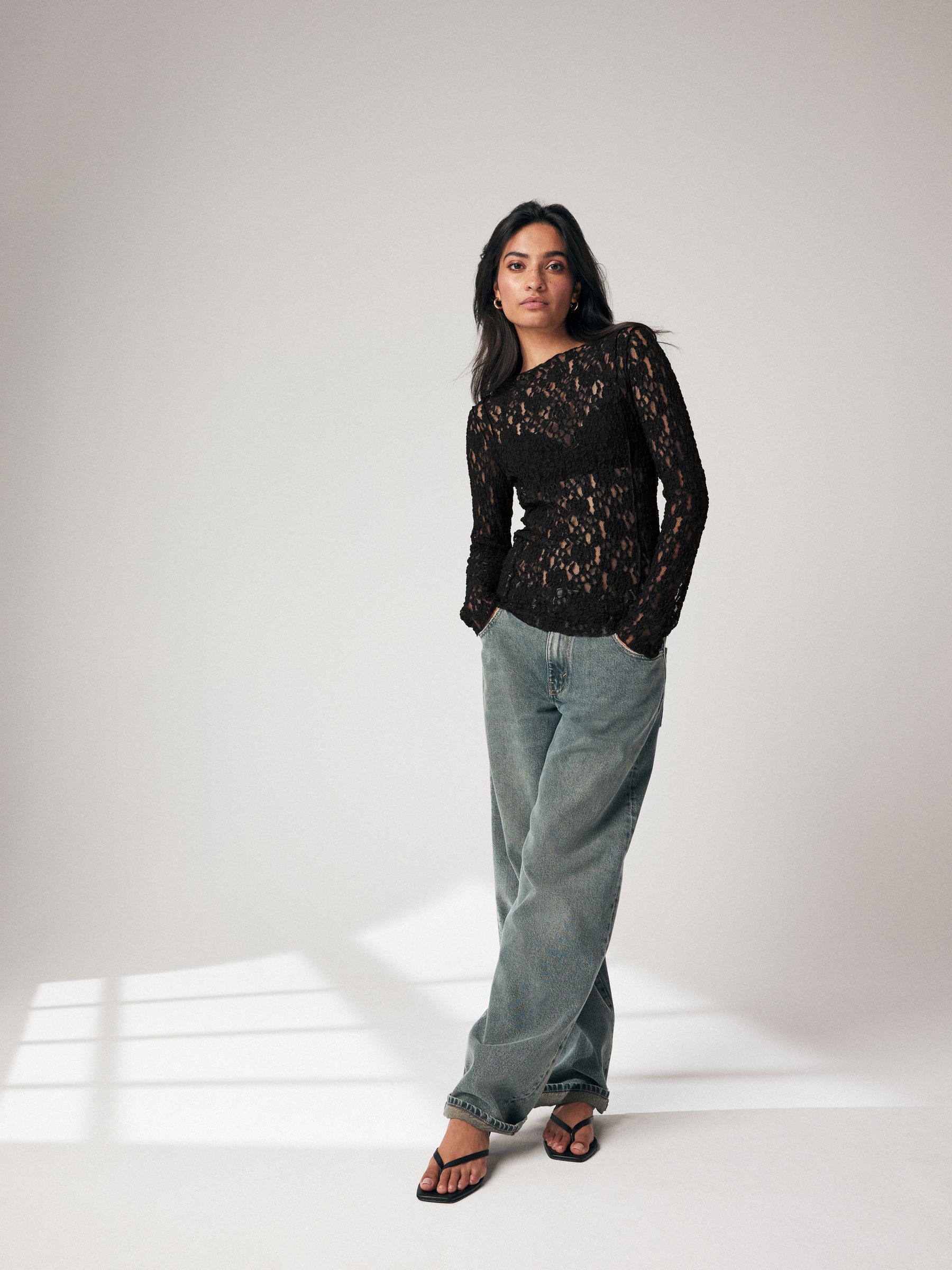 Buy Black Slash Neck Long Sleeve Lace Top from Next USA