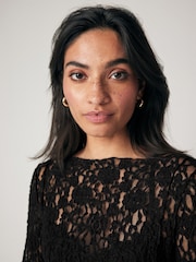 Black Slash Neck Long Sleeve Lace Top - Image 2 of 6